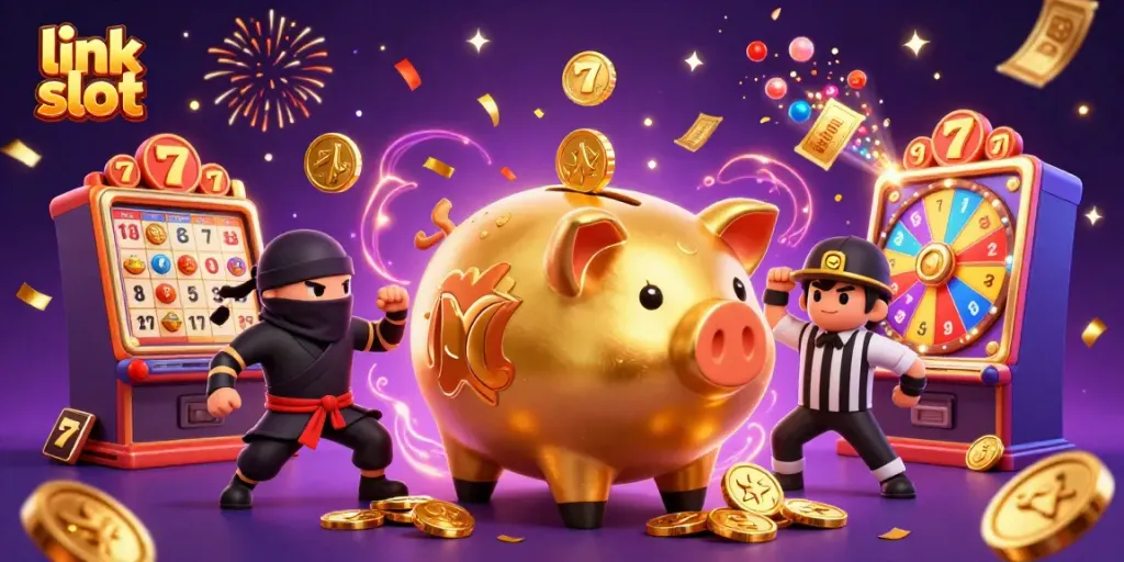 Engage in thrilling link slot action with vibrant characters in a lively casino illustration.