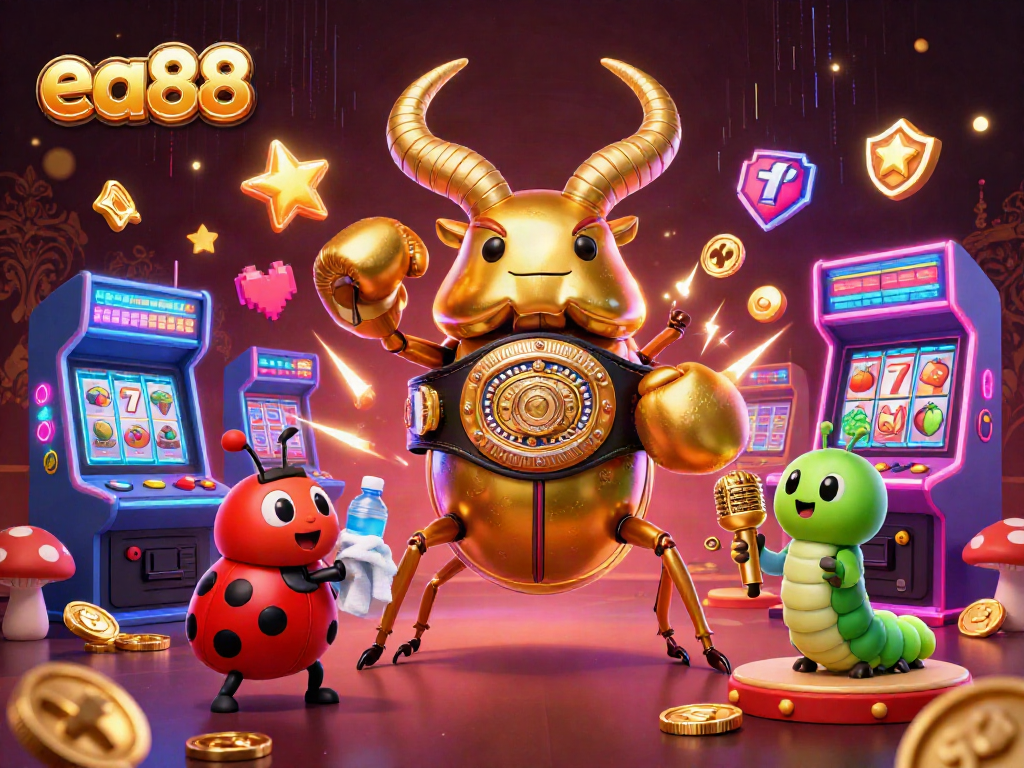 ea88 slots scene with a golden stag beetle and ladybug, vibrant gaming elements