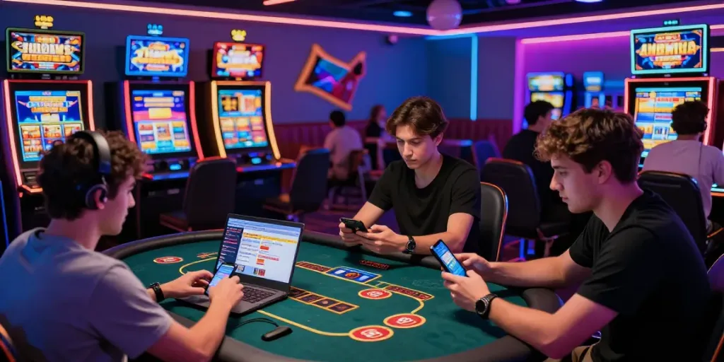 Wismabet platform permainan kasino online dengan pemain menikmati berbagai permainan di lingkungan modern yang ceria.