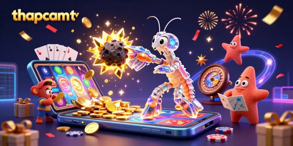 Engage with thapcamtv's vibrant casino universe, featuring a mantis shrimp in battle surrounded by game elements.
