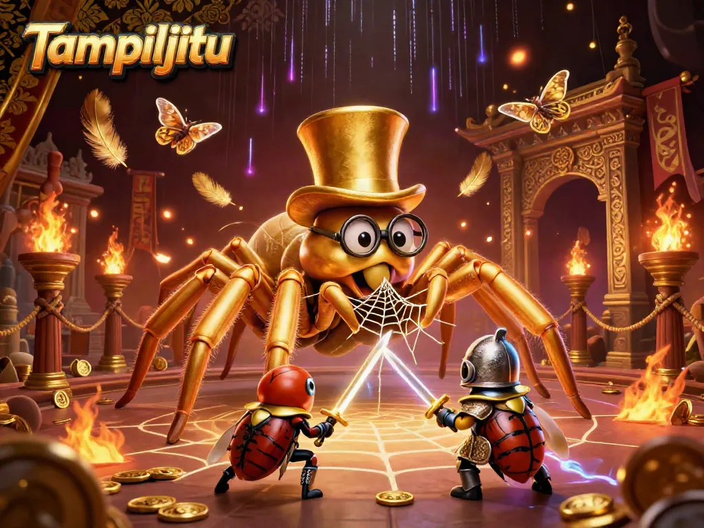 Tampiljitu showcases an exciting 3D scene with a golden tarantula and a knight in a vibrant casino setting.
