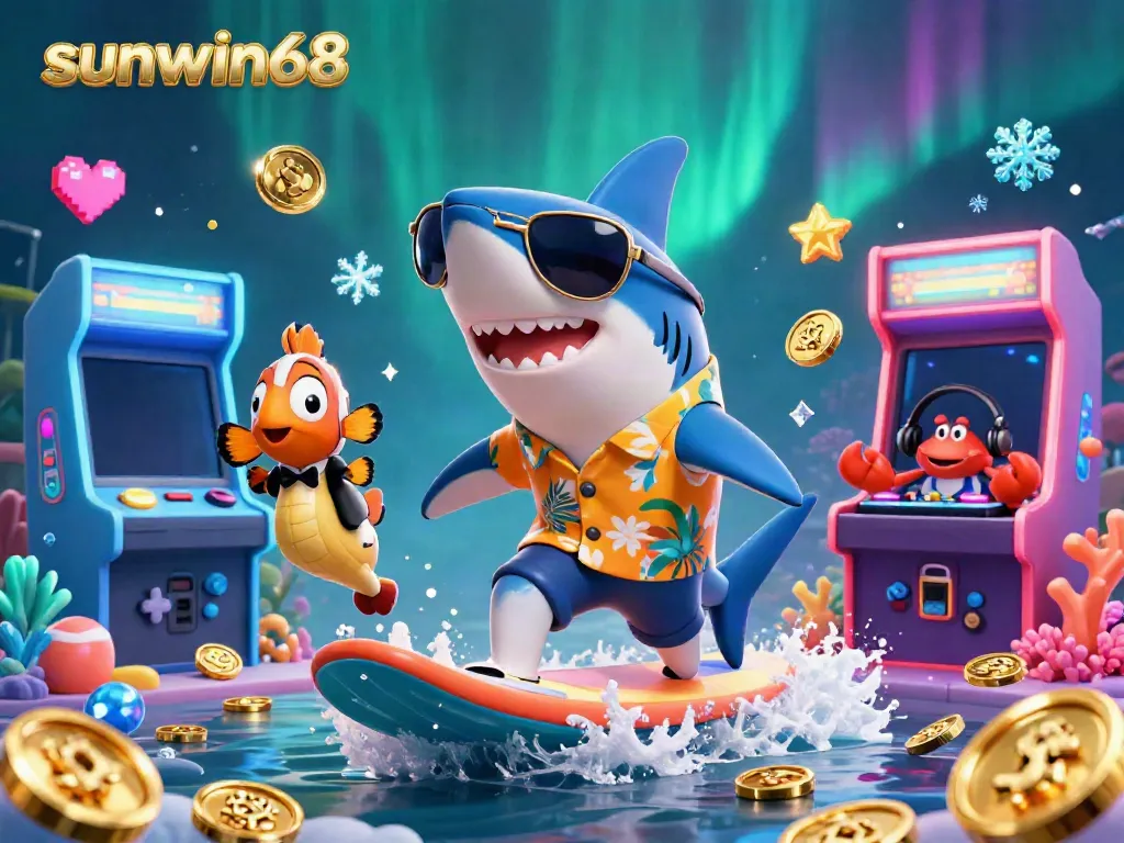 Engage with sunwin68's thrilling casino adventure featuring a shark, clownfish, and crab DJ.