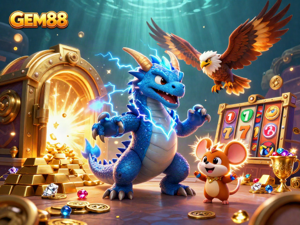 Experience GEM88’s thrilling slot adventure with a thunder dragon and treasure-filled slot reels.