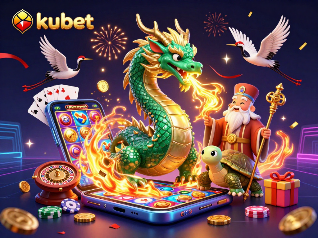 Kubet showcases exhilarating casino action with a vibrant scene featuring a dragon, turtle, and cranes.