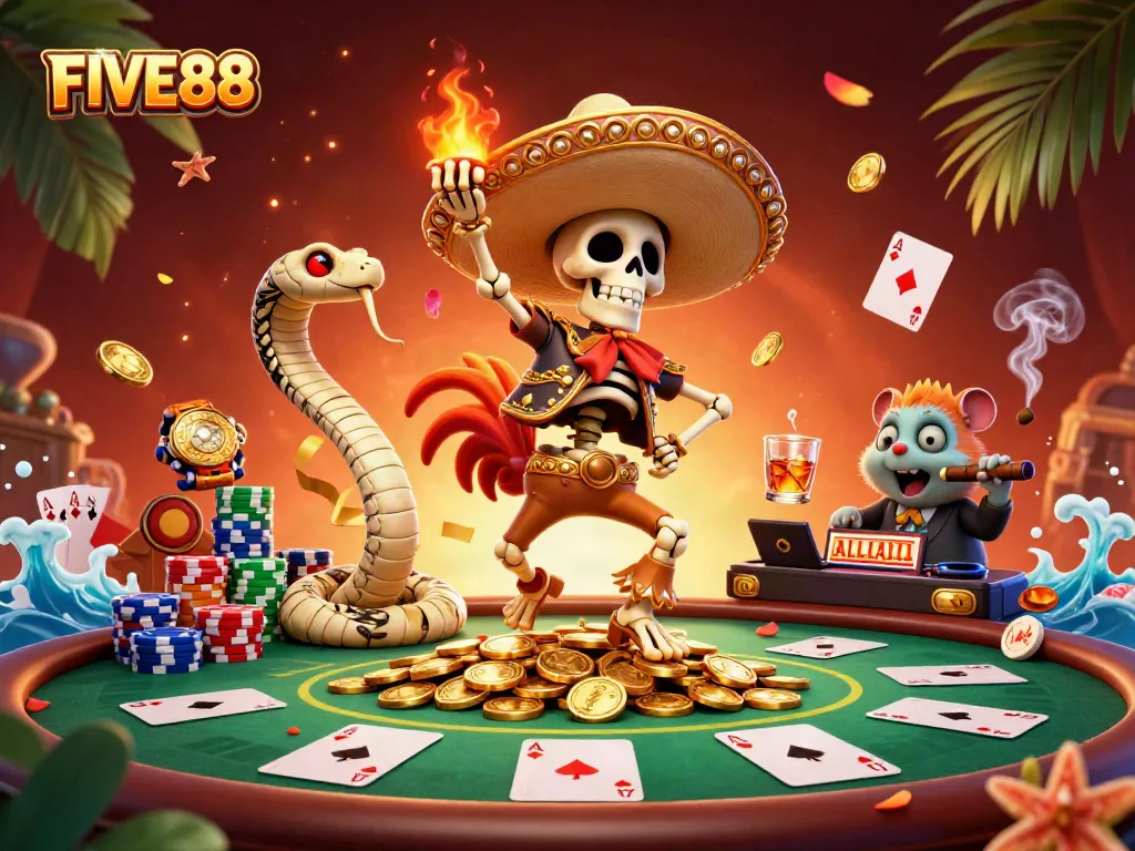 Experience thrilling poker action with FIVE88, featuring lively casino characters and vibrant elements.