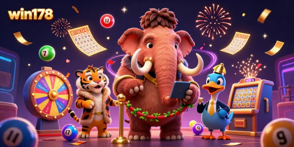 Experience dynamic thrills with win178 at the vibrant casino entrance, animated by joyful gaming elements.