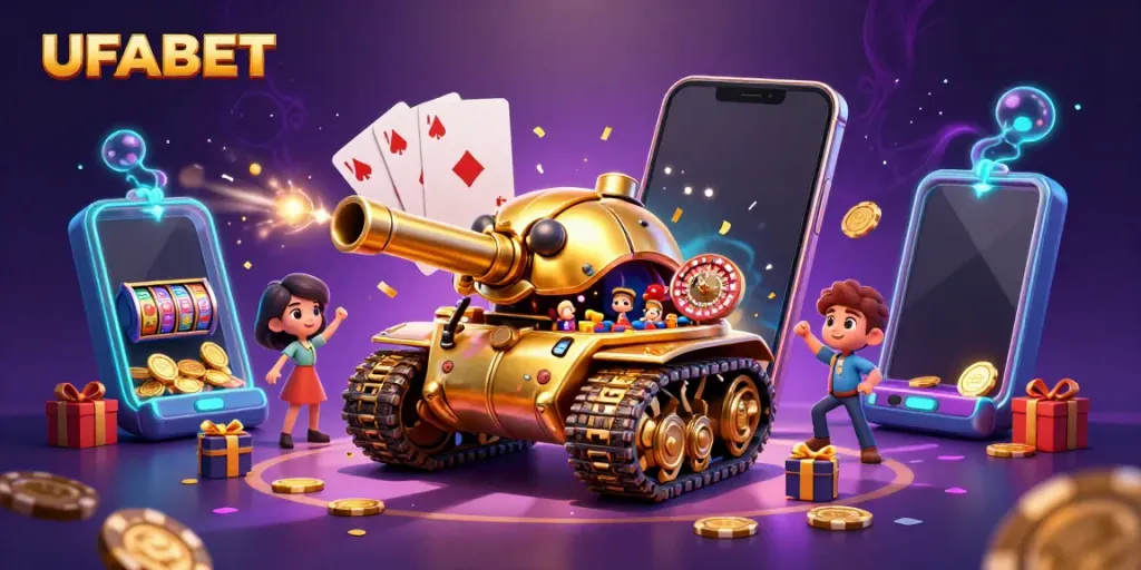 Experience UFABET's dynamic miniature casino scene with golden coins and exciting gaming action.