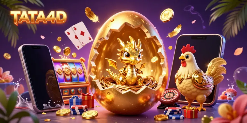 Experience thrilling adventures with TATA4D's golden dragon and poker chips in a vibrant casino scene.