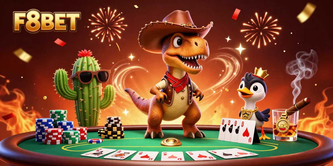 Join the fun at F8BET, where a cartoon T-Rex and friends play poker with vibrant casino elements.