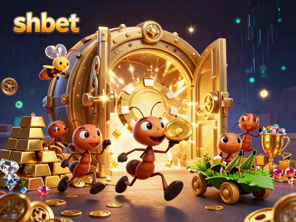 Experience thrilling wins at shbet with a heist-themed 3D illustration showcasing ants and vibrant casino elements.