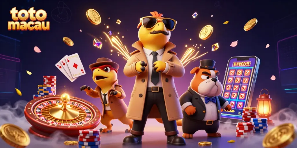 Toto Macau menampilkan tiga raptor dalam jas yang berusaha memasuki lounge VIP kasino dengan suasana ceria dan mewah.