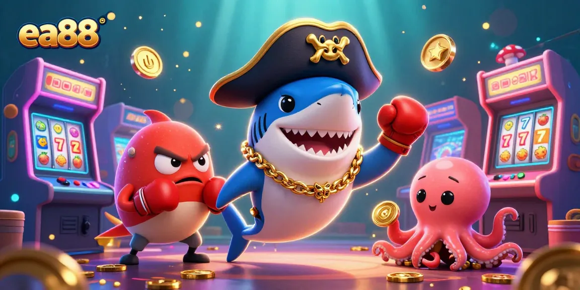 The dynamic scene of ea88 showcases a cartoon pirate shark, a boxing pufferfish, and a gold-coin-holding octopus amidst colorful arcade elements exploring inviting casino slots.