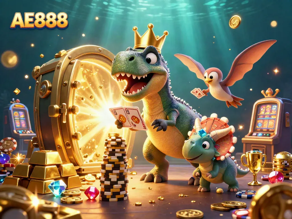 Engaging AE888 casino illustration with cartoon dinosaurs enjoying card games amidst treasures.
