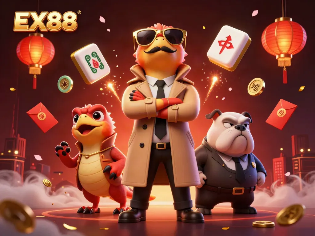 Experience the thrill of EX88 at this vibrant casino scene with animated raptors and festive elements.