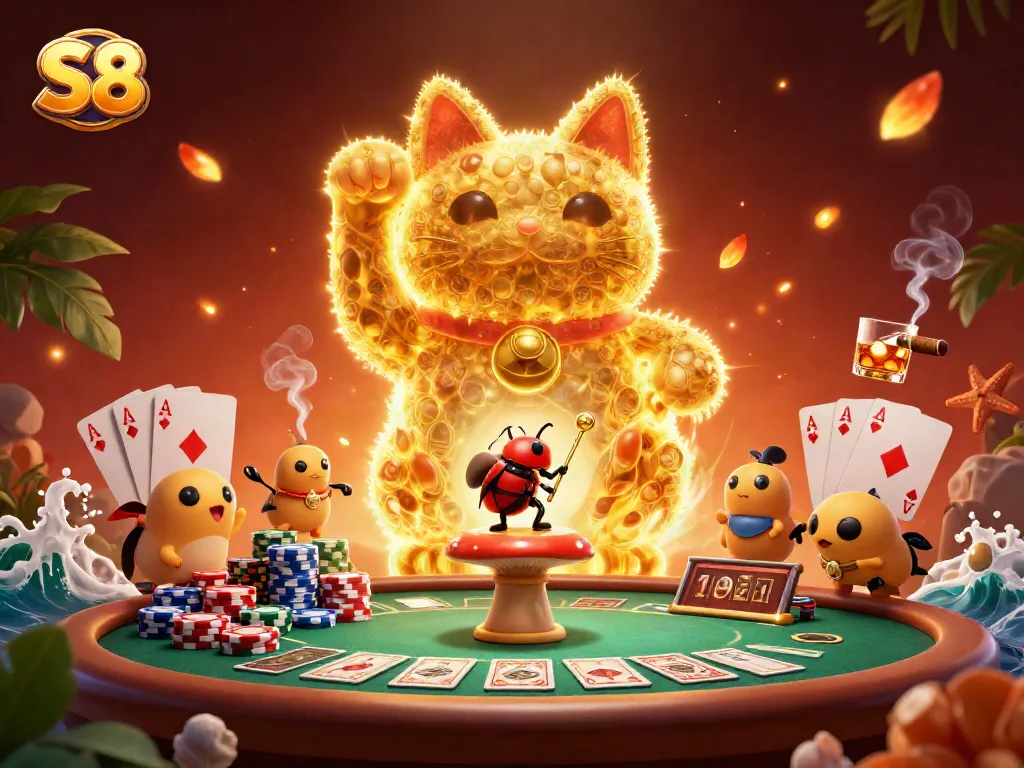 Bet on S8 with dynamic gaming elements and a vibrant, lively illustration of a lucky cat.