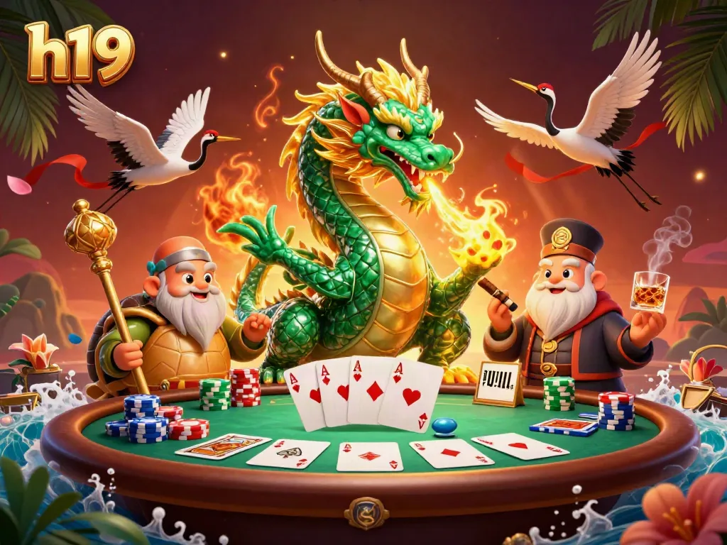 Engage in thrilling gameplay at h19 with vibrant poker tables, dragon imagery, and energetic characters.